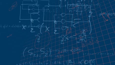 animation of mathematical equations and diagrams floating over grid network against blue background