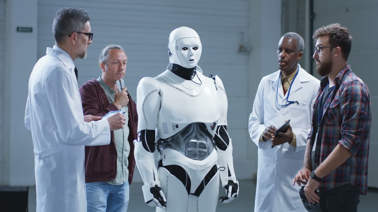 Scientists Inspecting a Robot Prototype