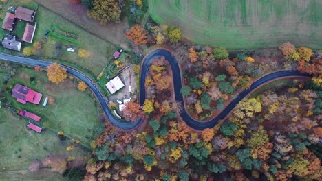 Blick-Aus-Der-Vogelperspektive-Auf-Ein-Einsames-Auto-Auf-Einer-Kurvigen-Straße-Und-Einen-Farbenfrohen-Wald-In-Herbstfarben