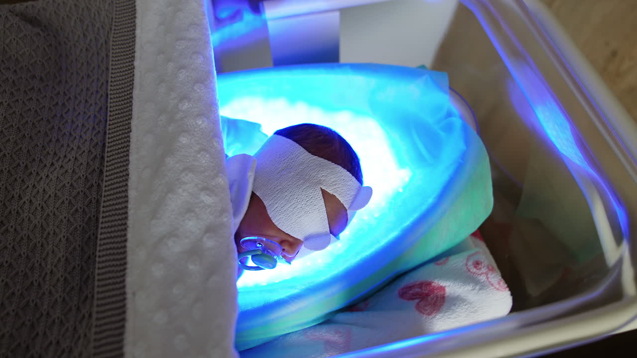 Baby suckling a pacifier actively lies in a hospital crib. Newborn child is treated from jaundice by phototherapy.