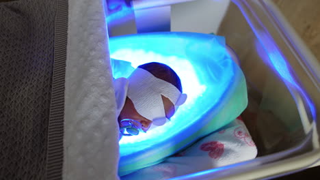 baby suckling a pacifier actively lies in a hospital crib. newborn child is treated from jaundice by phototherapy.