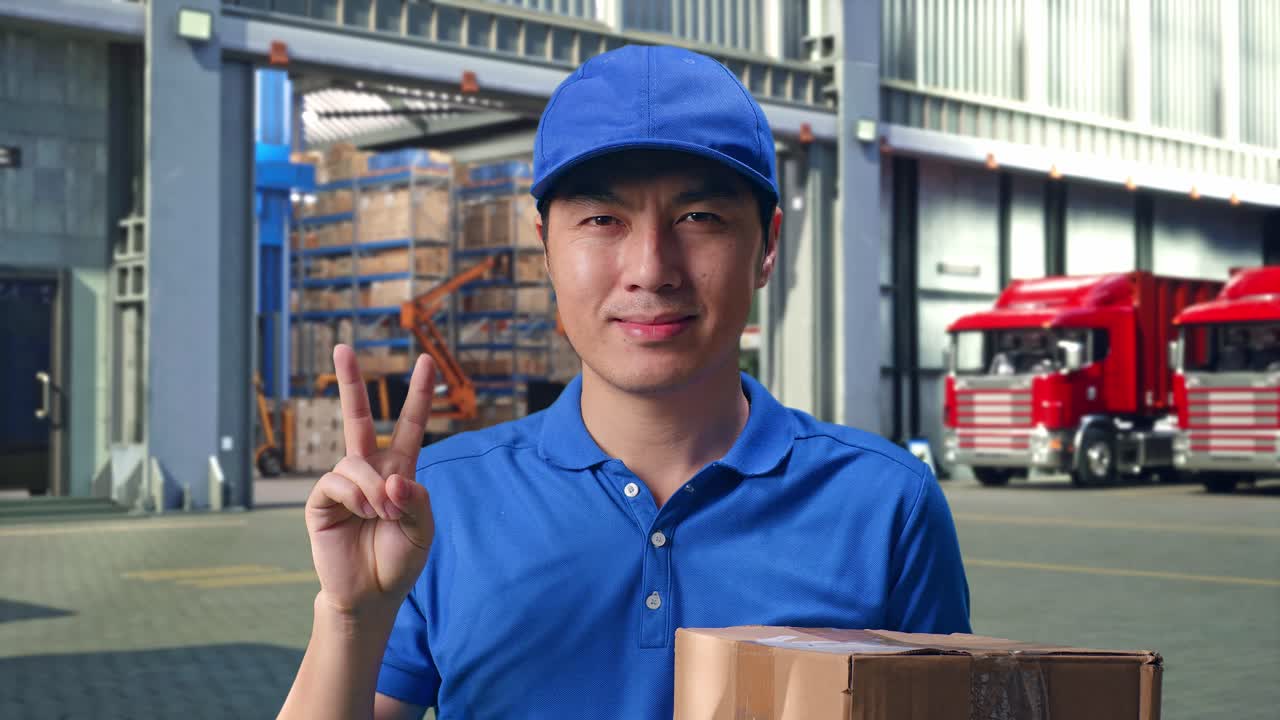 Close Up Of Asian male Courier In Blue Uniform Showing Gesture Peace And Smiling While Delivering A Carton, Outside of Logistics Distributions Warehouse