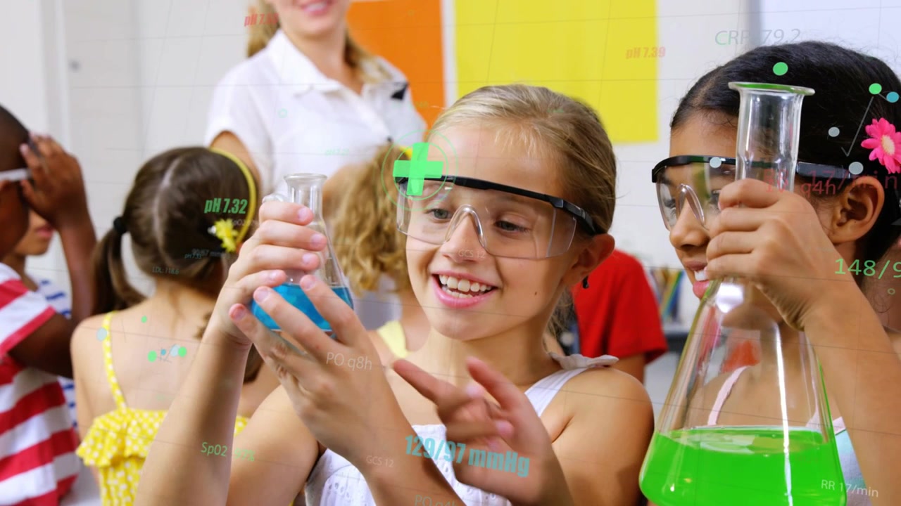 Two girls, one turning blue flask, peers pointing, animated labels comparing liquids for science