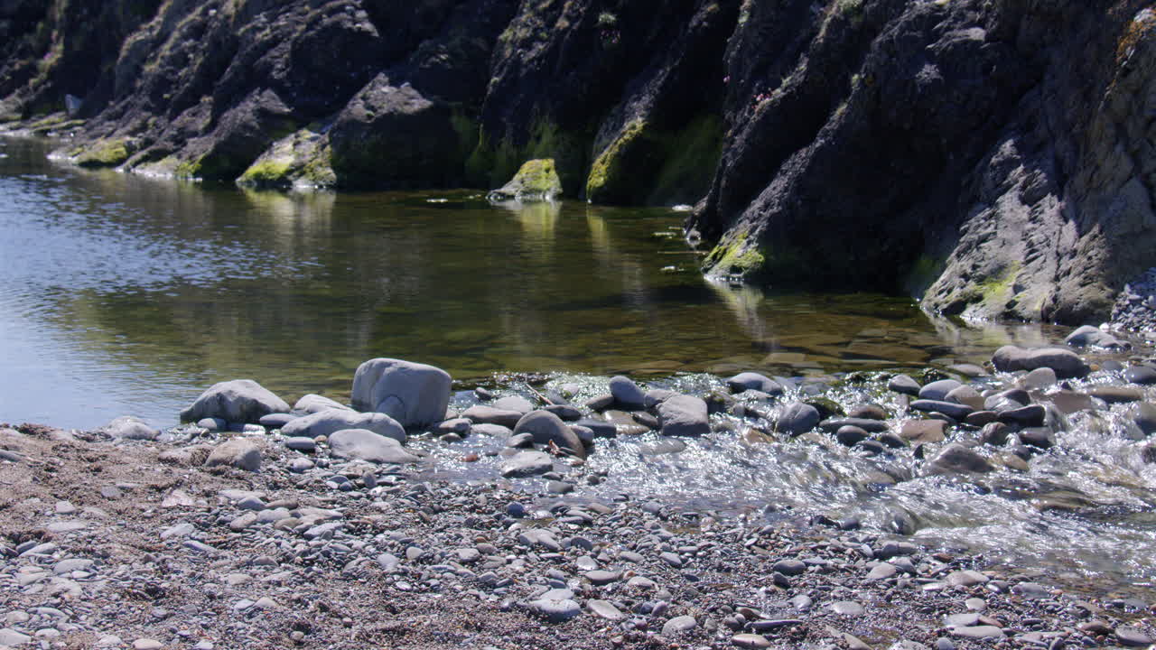wide shot of the river Tydu Forming a pond and flowing over pebbles and rocks on at Cwmtydu beach
