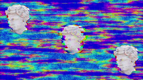 animación de tres esculturas de cabezas antiguas con errores en un fondo multicolor