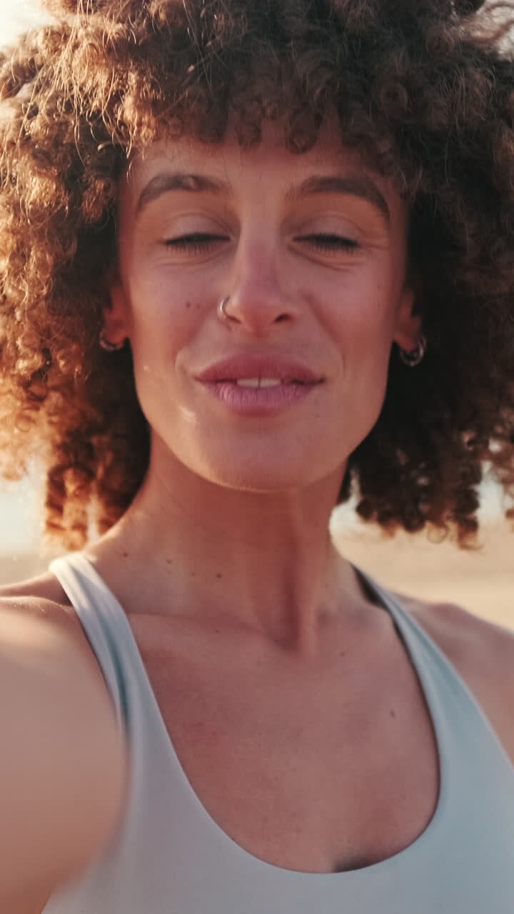 Happy Woman&#039;s Beach Selfie After Workout
