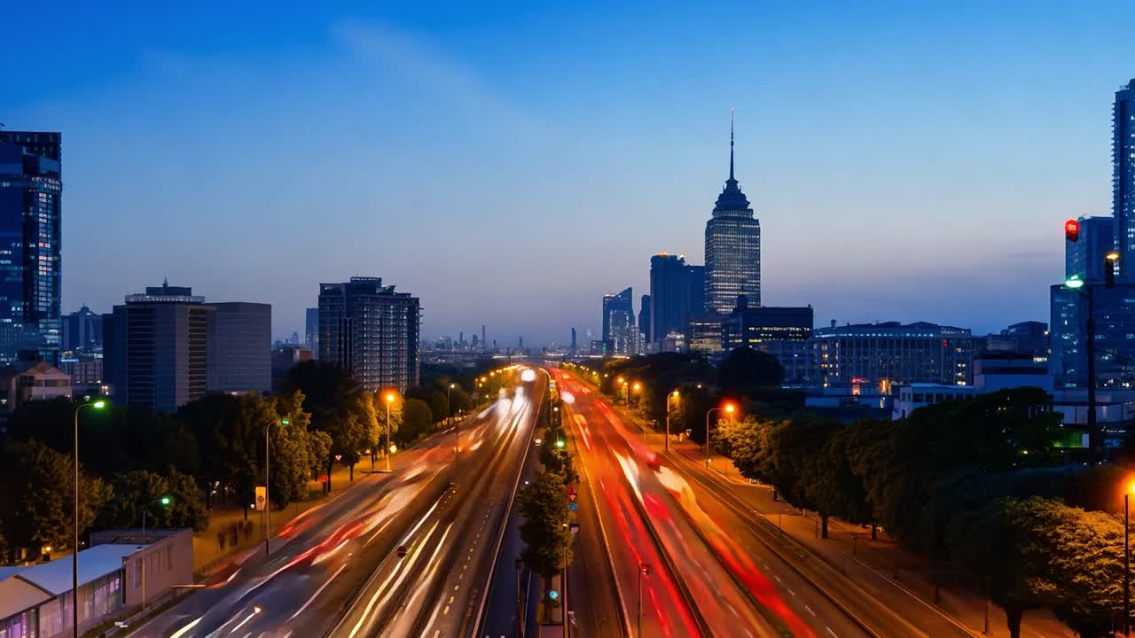 비는 교통과 함께 도시 스카이라인의 야간 풍경