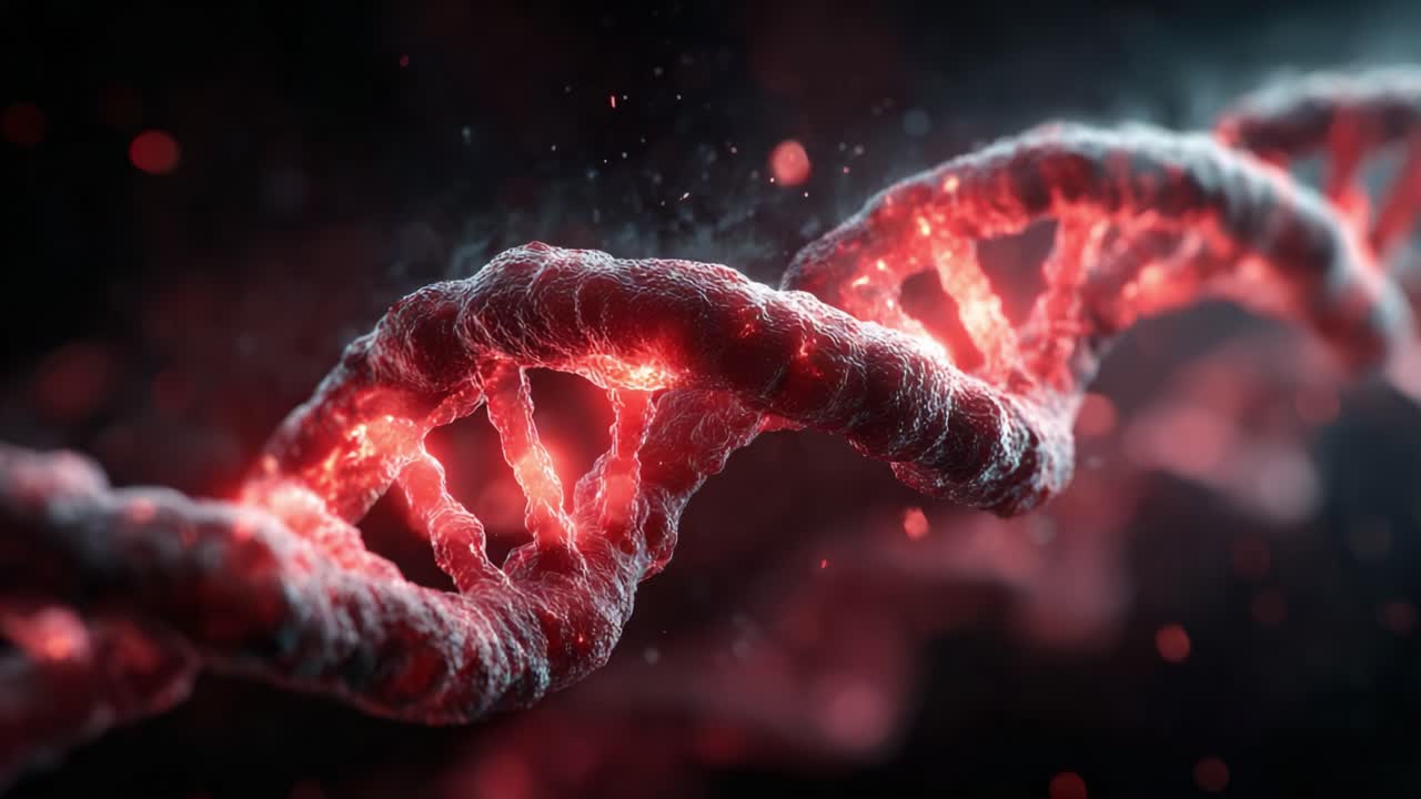 A Captivating Close-Up Exploration of Twisted DNA Helix Illuminated by a Glowing Red Light, Showcasing the Complexity and Beauty of Genetic Structures