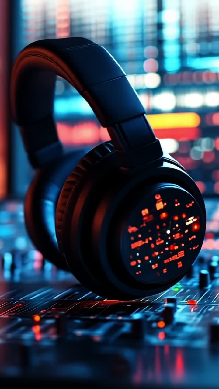 Headphones and mixer setup. Colorful LED lights brighten a music mixing desk with headphones, creating an energetic vibe.