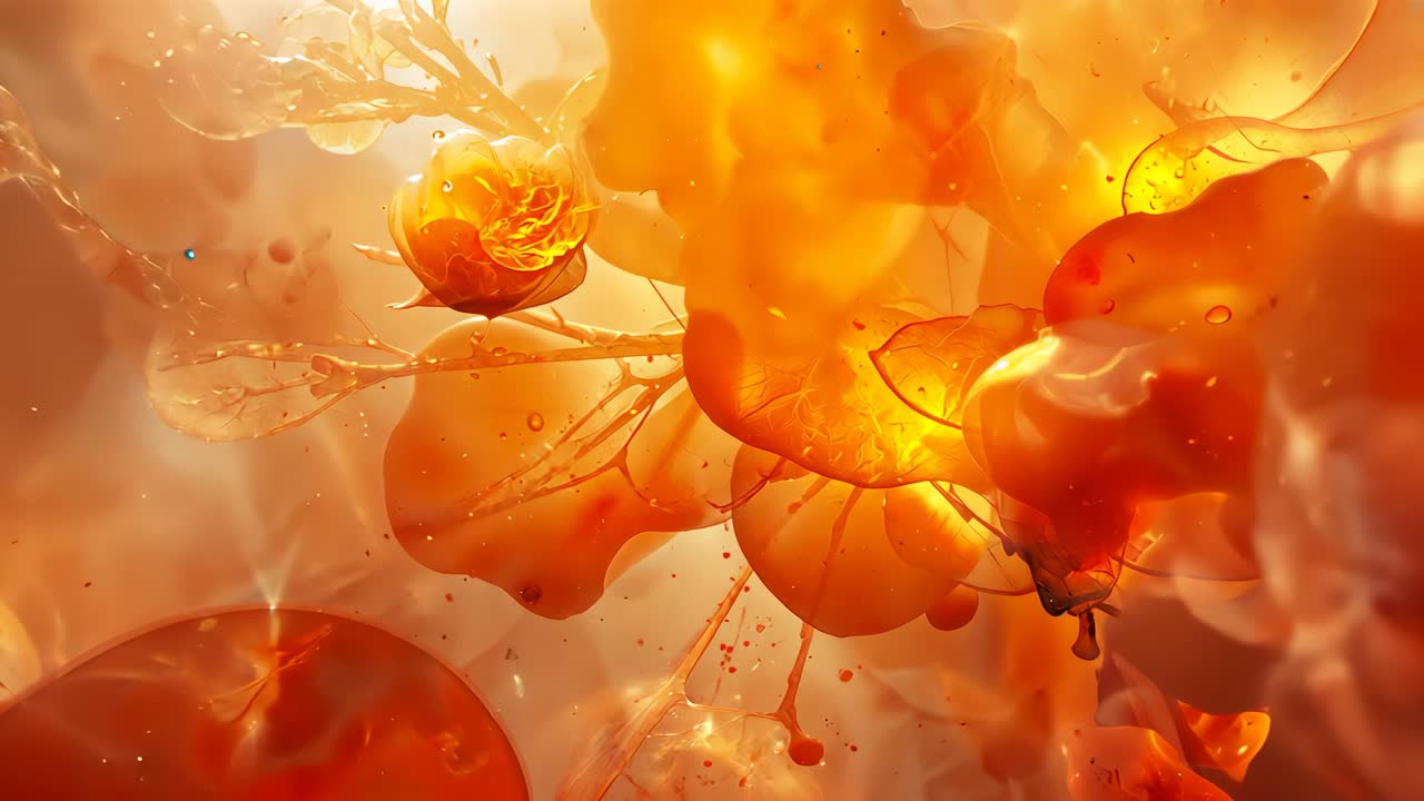 At start amber-orange fluid spheres shifting merging in digital backdrop, with filaments extending