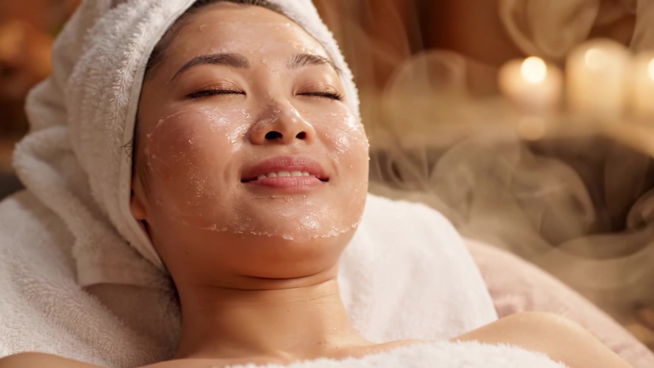 Afslapning og ro: En kvinde nyder en forfriskende ansigtsbehandling i en rolig spa-atmosfære med beroligende aromaer og stearinlys.