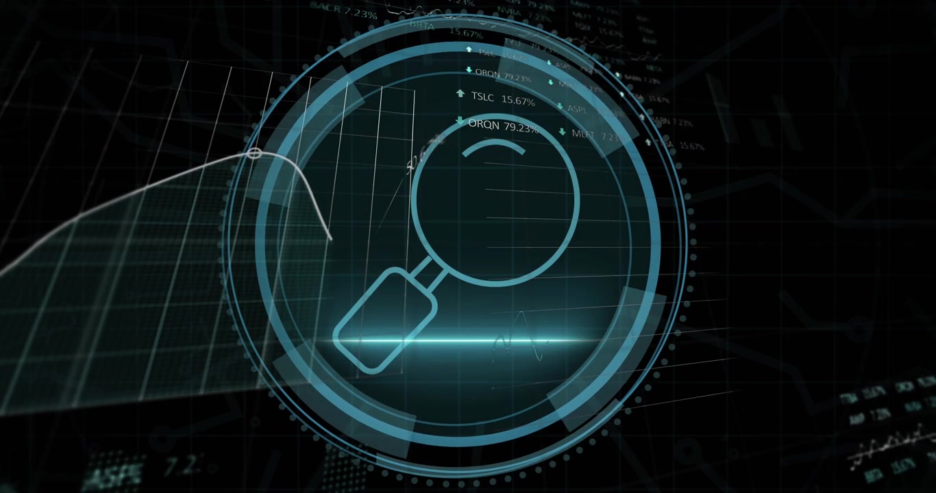 Animation of magnifying glass digital icon and data processing over black background