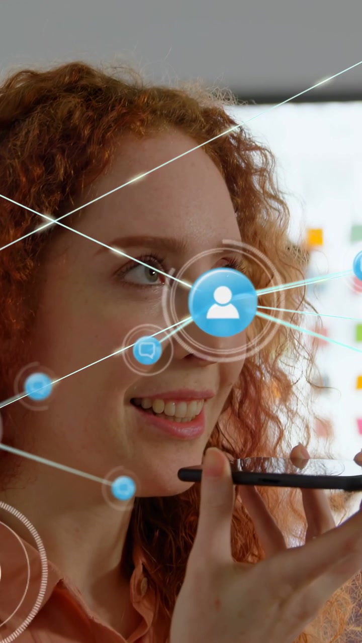 Vertical video: Woman raising phone, recording message to share in tech, network growing over face