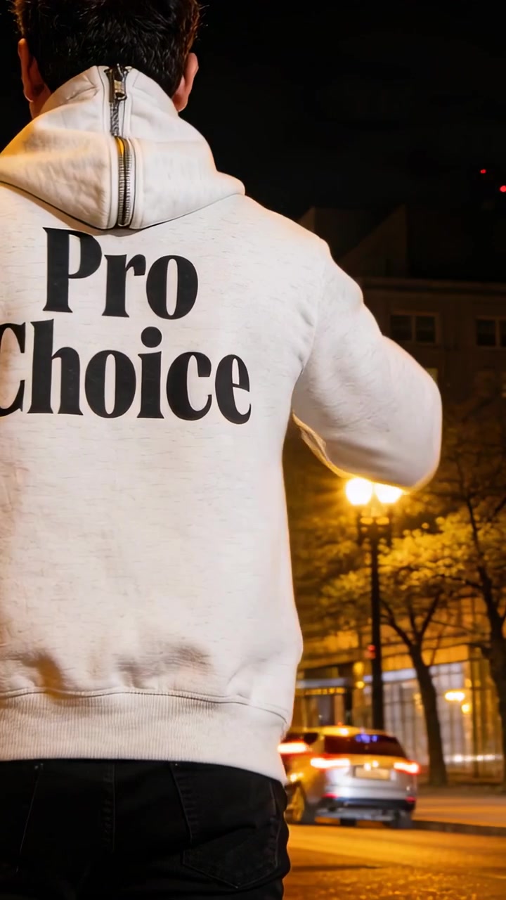 Video verticale: Persona che si sistema la cerniera del cappuccio su una strada cittadina di notte, mostrando la scritta "Pro Choice".