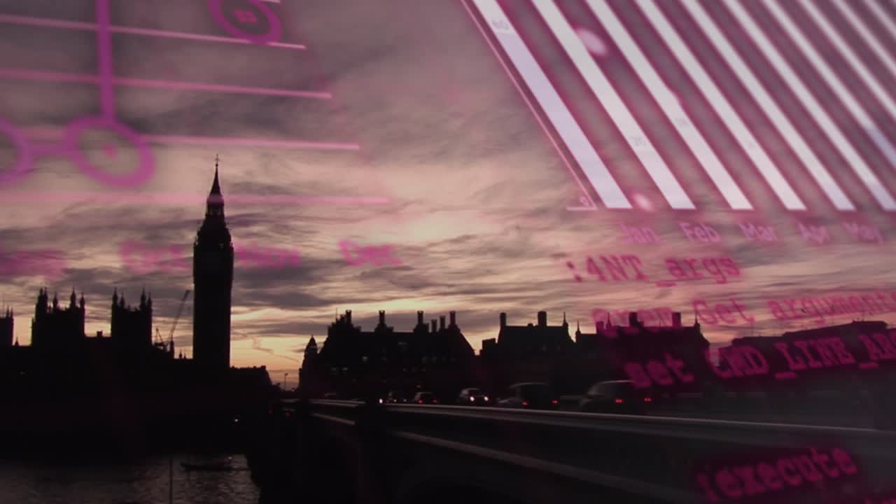 Animação de processamento de dados sobre a paisagem urbana de Londres.