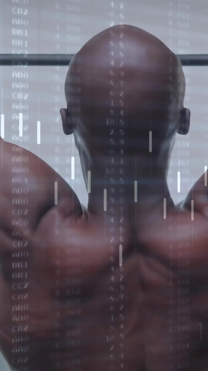Vertical video: Man gripping pull-up bar, doing pull-ups in gym, digital overlay measuring form