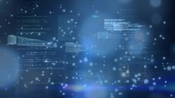 Animation of data processing and light spots on blue background