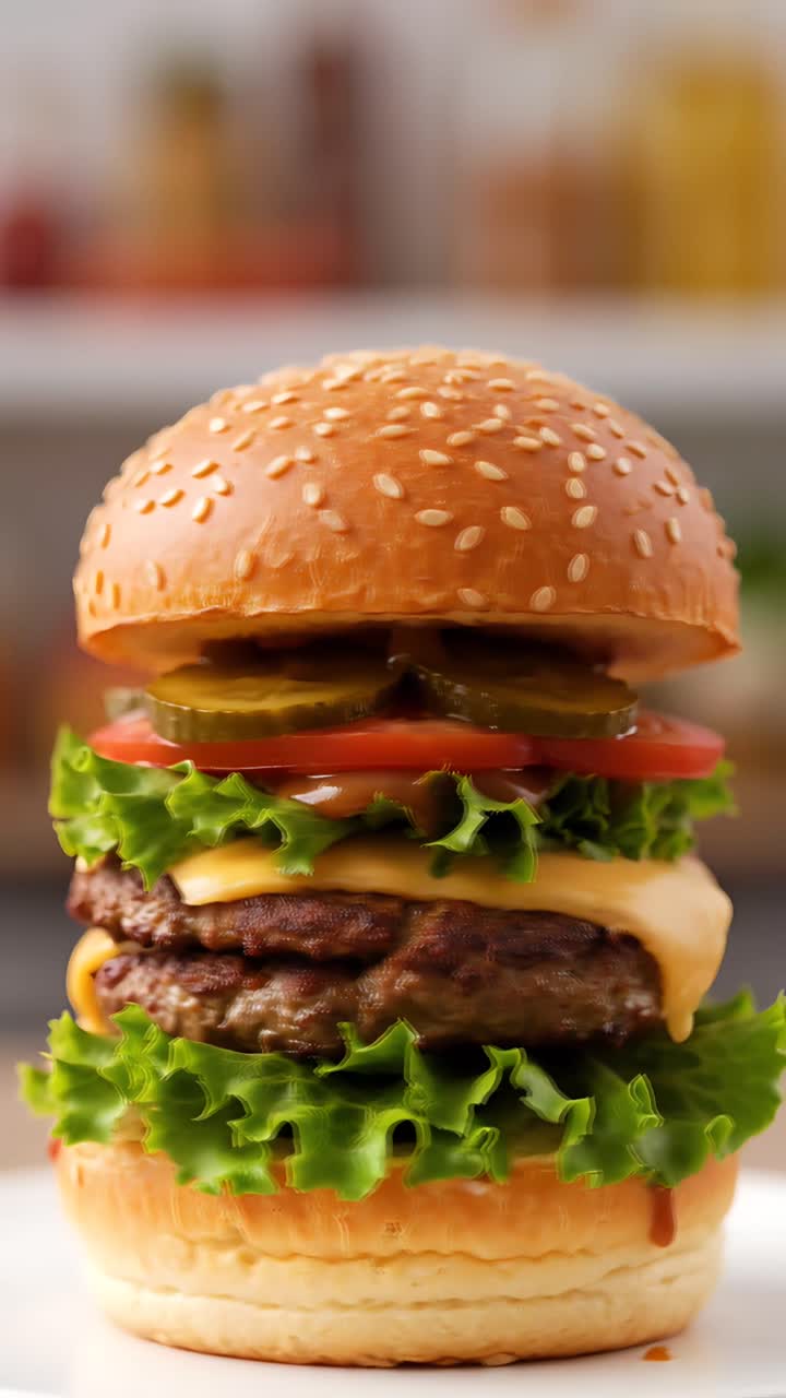 Hamburger Succoso Primo Piano Sfondo Bokeh 4K