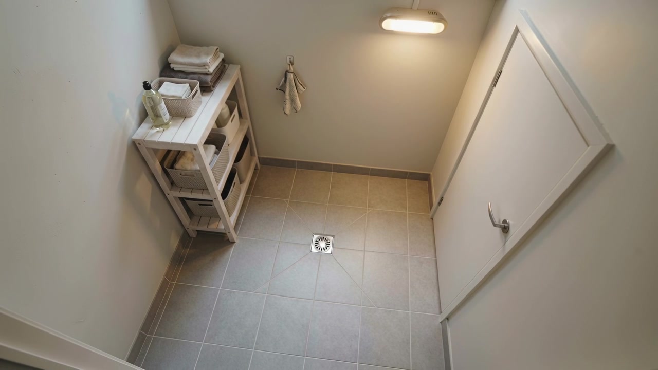 Tilting camera capturing empty central tiled floor with square drain in utility room, for records