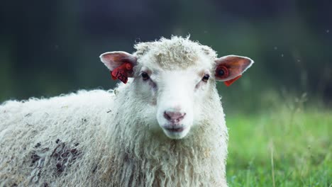 a portrait shot of the white woolly sheep on the lush green meadow