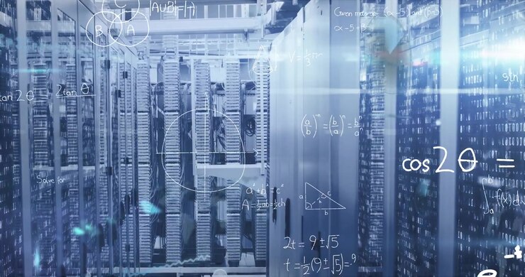 Data Center Server Room with Mathematical Formulas Overlay