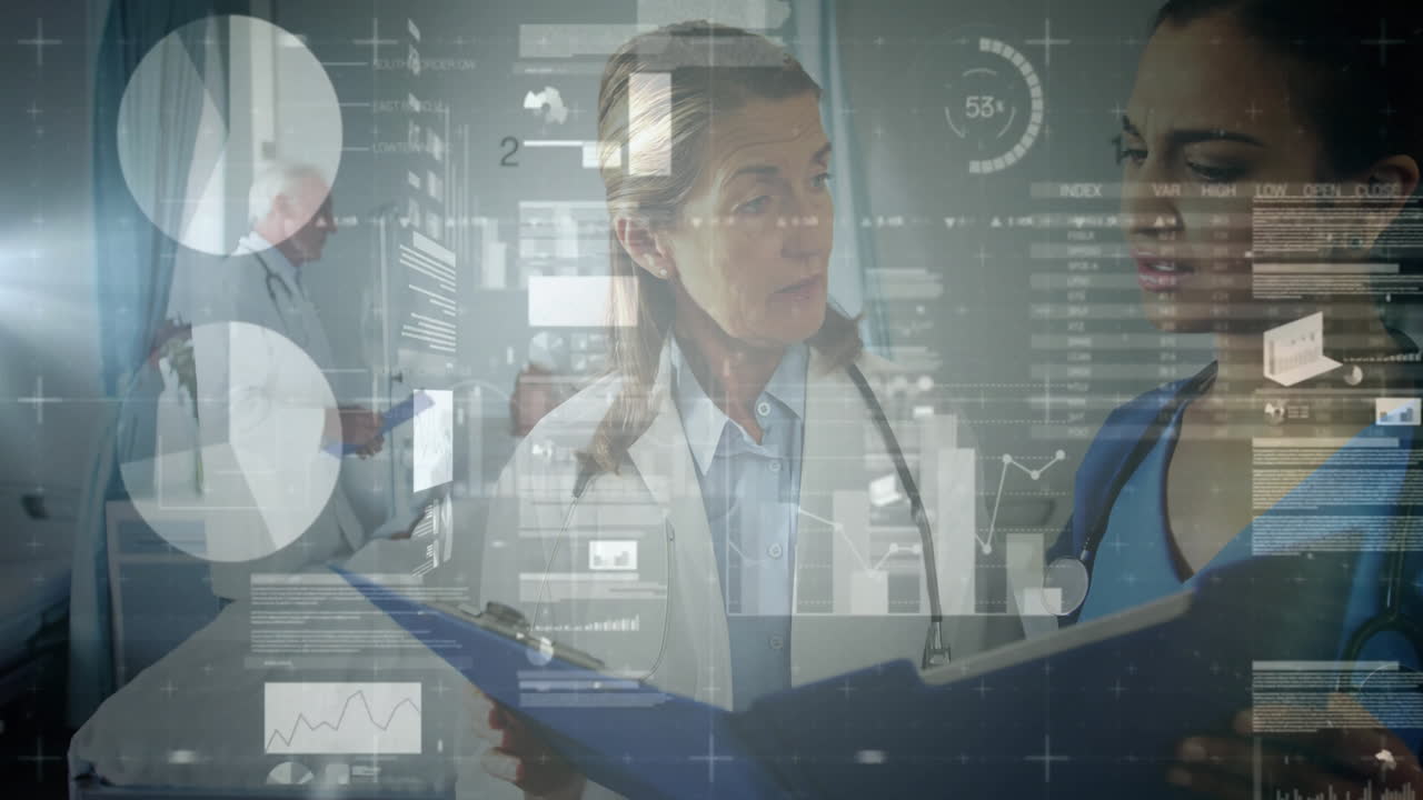 Senior woman doctor leading team analyzing patient data in hospital ward, with floating charts