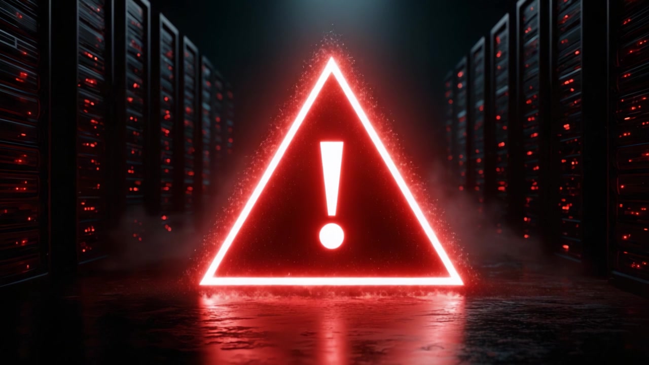 A striking visual representation of a critical warning indicated by a glowing red triangle with an exclamation mark, set against a backdrop of dark server racks, evoking urgency and caution.