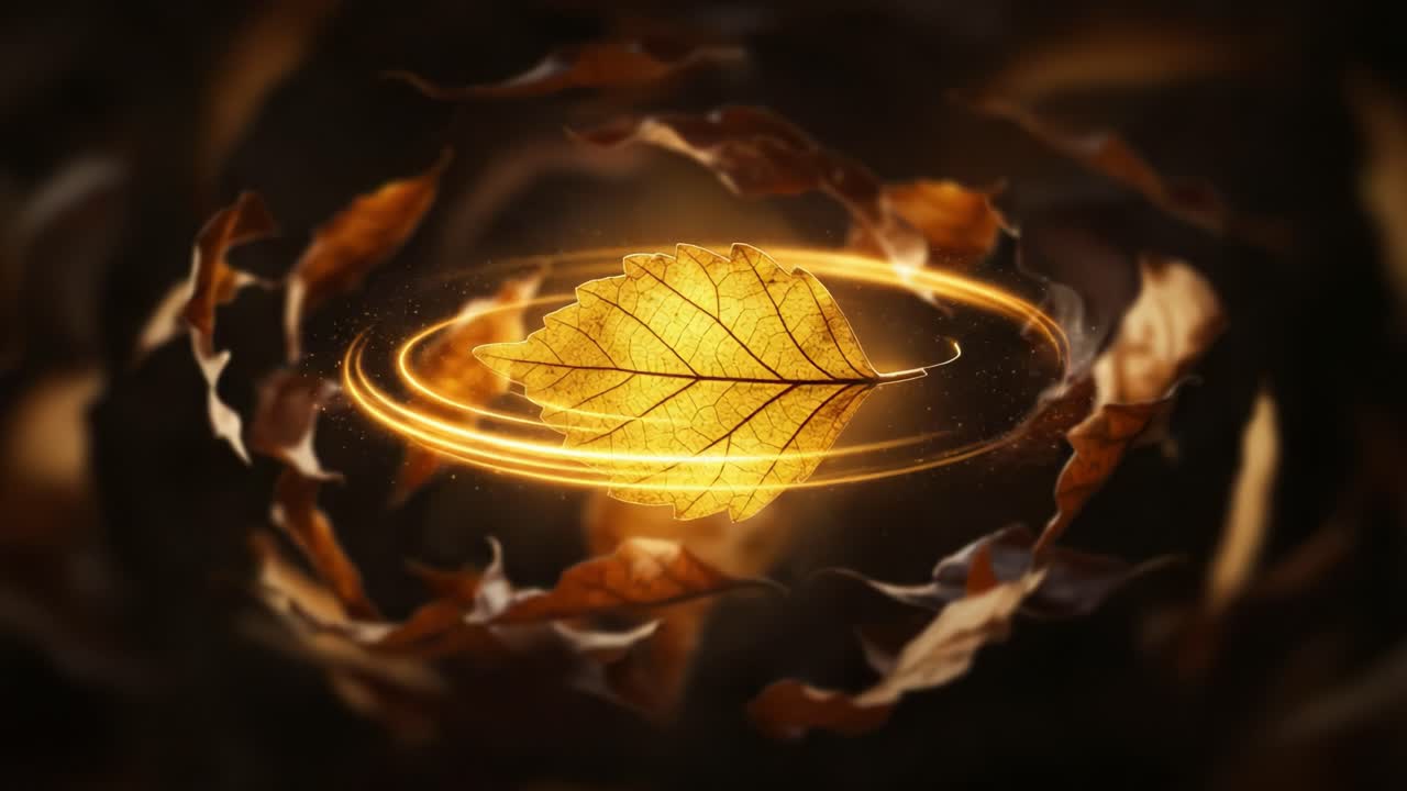 A Golden Leaf Swirls in a Dance of Autumnal Grace, Surrounded by a Whirl of Fallen Leaves, Creating a Magical and Enchanting Atmosphere of Nature's Beauty