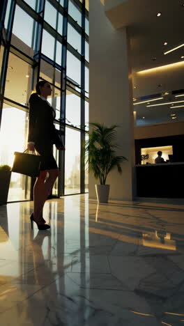 businesswoman walking in modern office lobby
