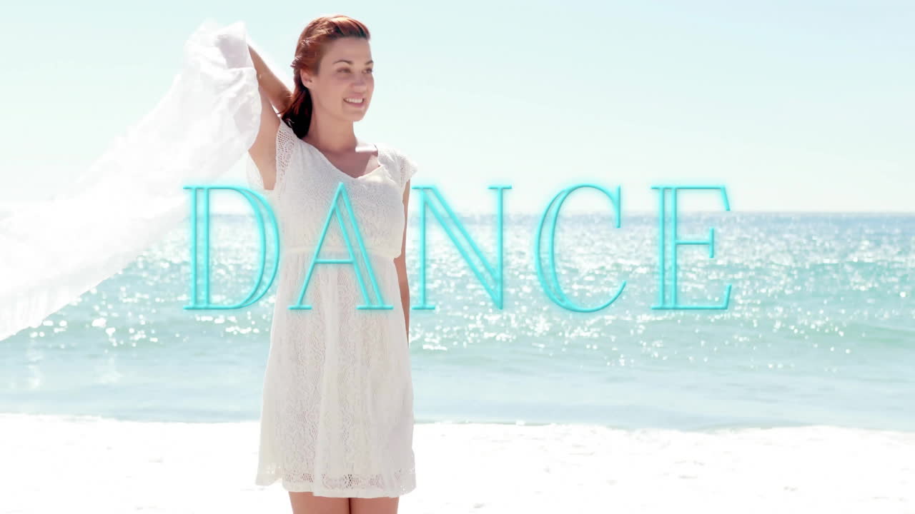 Woman walking on beach with DANCE text animation over ocean background