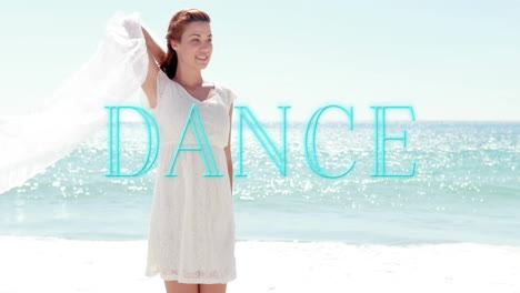 woman walking on beach with dance text animation over ocean background