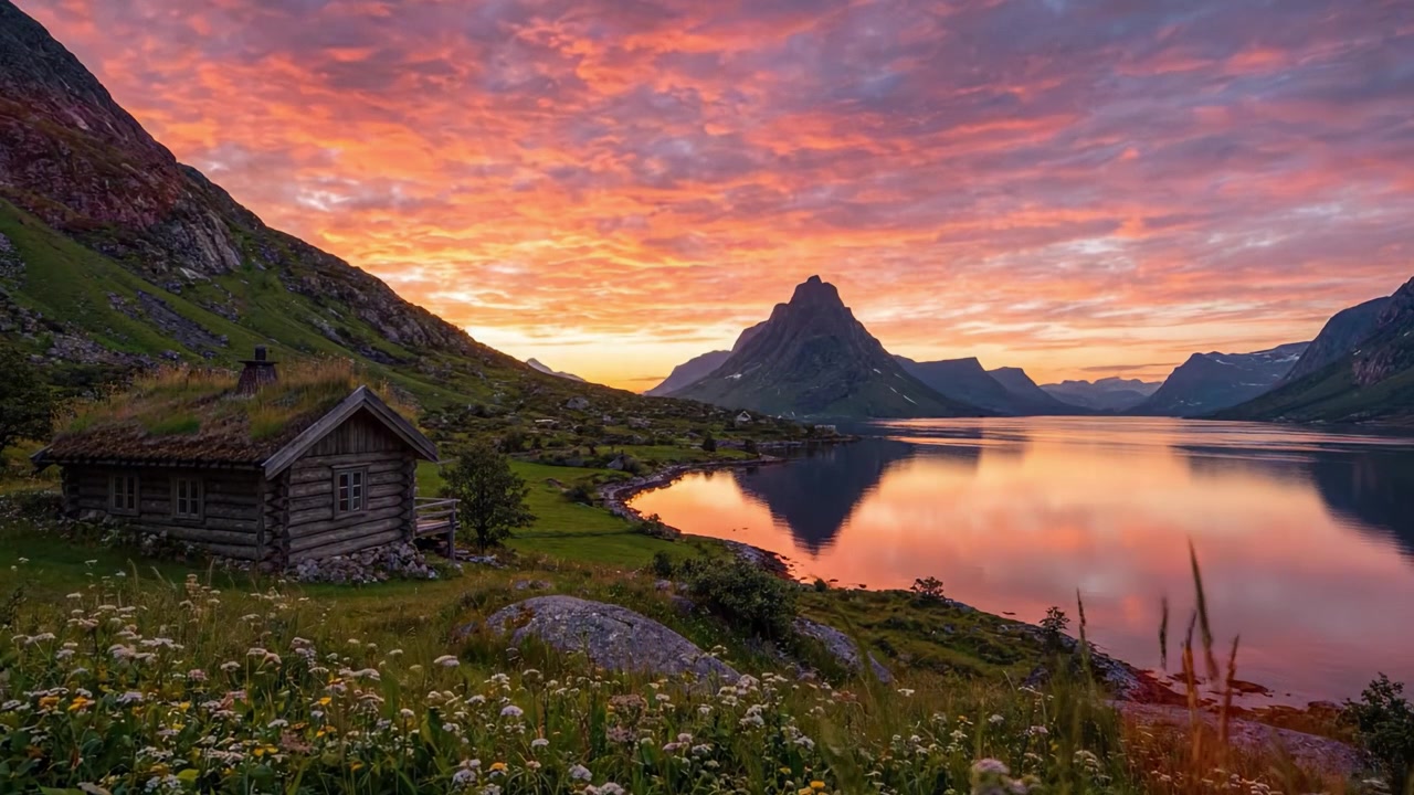 Eine ruhige Sonnenuntergangsreflexion über dem stillen See mit einer charmanten Holzhütte inmitten üppigen Grüns und majestätischer Bergkulisse.