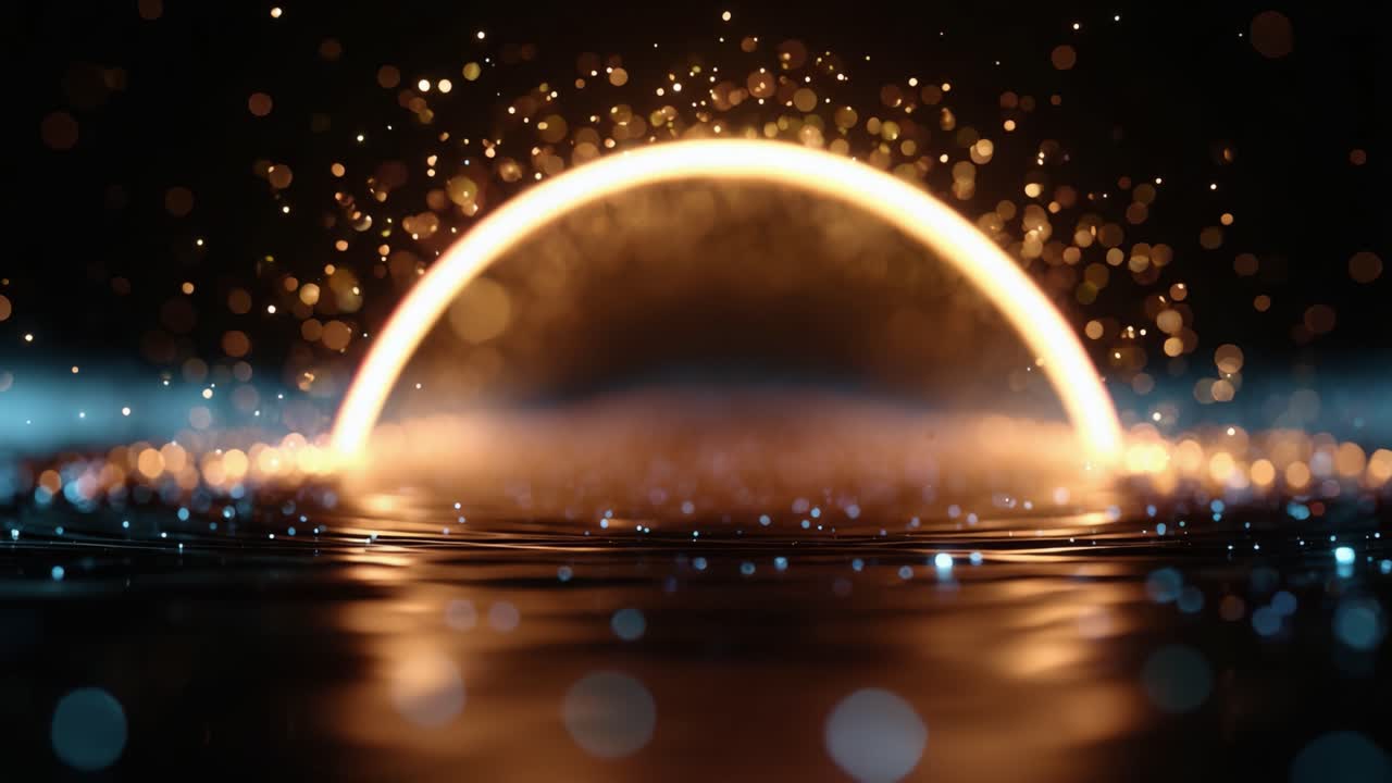 Un'affascinante immagine di particelle scintillanti che ricordano un radioso tramonto, che mette in risalto la bellezza della luce e dei riflessi su una superficie d'acqua tranquilla