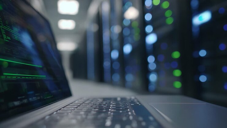 Exploring the Interface of Data Processing: A Close-Up View of a Laptop Displaying Code Against the Backdrop of a Server Room