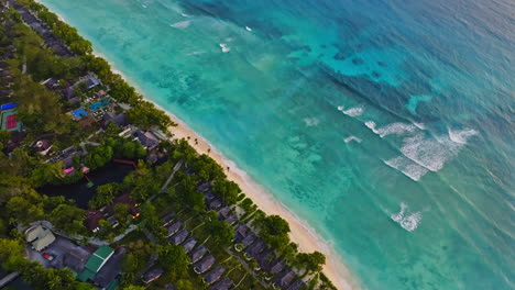 Aerial-drone-view-of-travel-destination-exotic-beach-resort-in-the-Seychelles-Islands