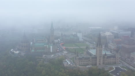 aerial view of canadian parliament through thick fog