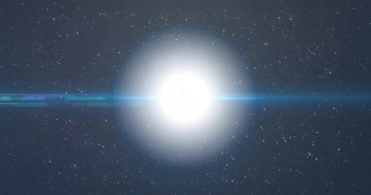 Globo luminoso che appare tra le stelle, alone che pulsa mentre un bagliore blu attraversa il centro per illustrazione.