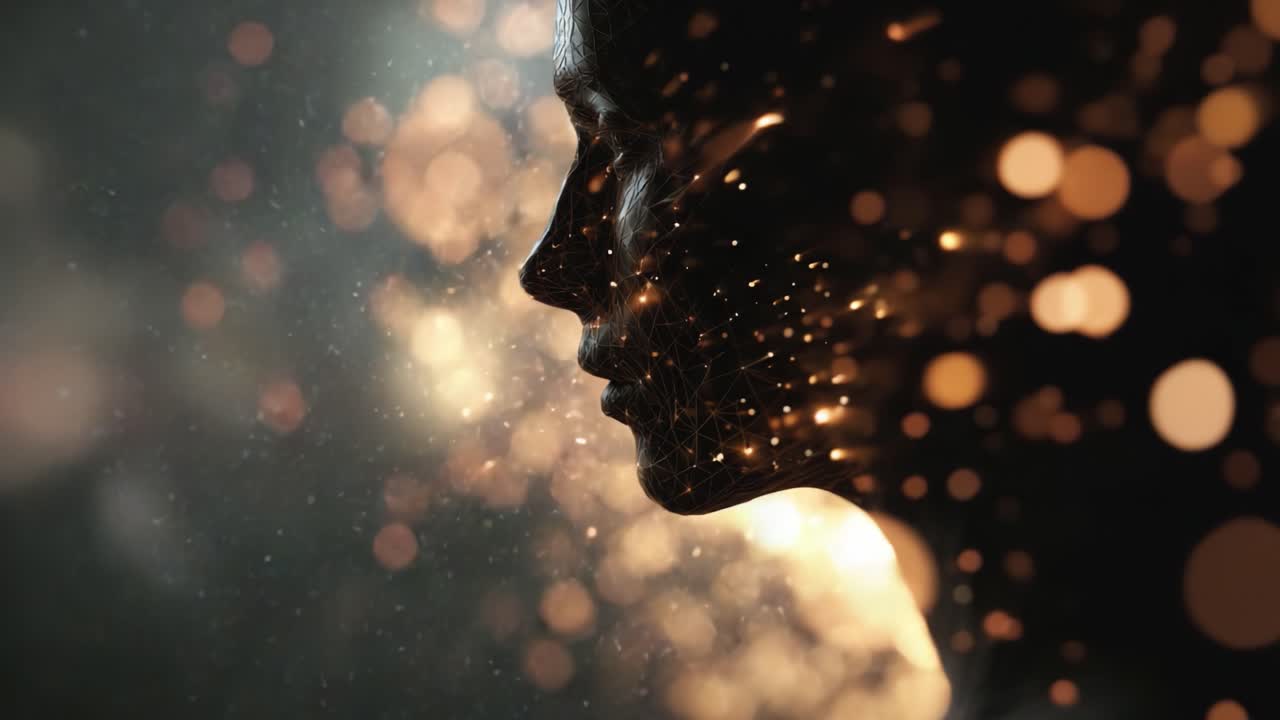 A mesmerizing portrait showcasing a silhouette that emerges with ethereal particles and glowing sparks, illustrating the beauty of abstract creativity and expression