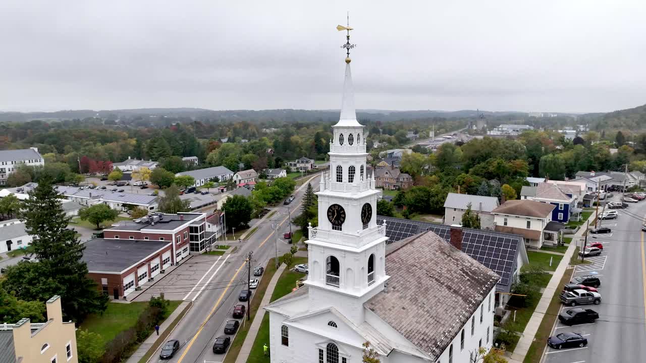 Aerial View of a Quaint New England Town in Autumn