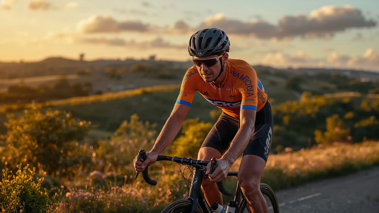 Inizia con una luce dorata, ciclista che pedala su bici da strada su strada rurale con indosso casco e maglia arancione