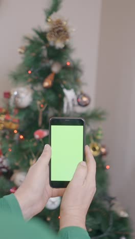 person holding smartphone with green screen in front of christmas tree