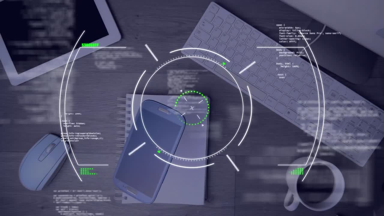 Animation of data processing over falling smartphone in office