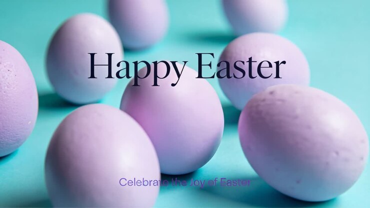 Shifting camera bringing lavender egg into focus among eggs on turquoise set, showing Happy Easter