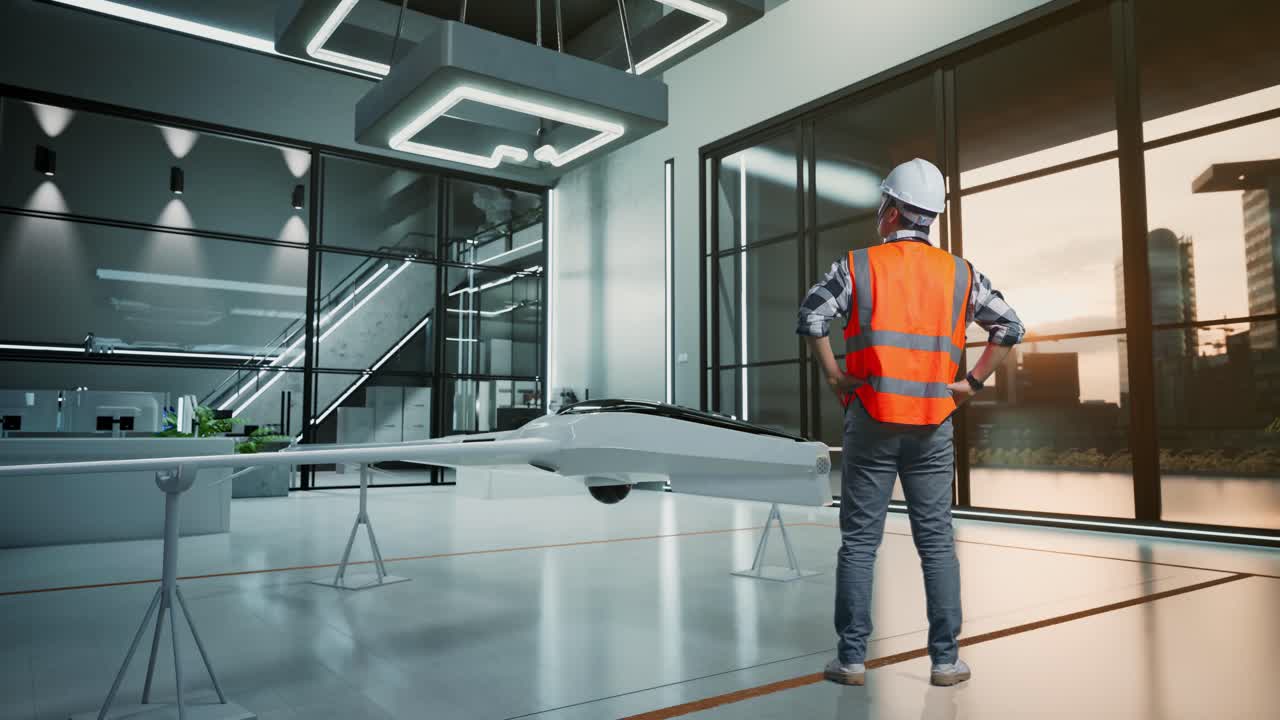Vista posteriore a figura intera di un ingegnere maschio con casco di sicurezza che si guarda intorno mentre è in piedi con le mani sui fianchi accanto al progetto del drone