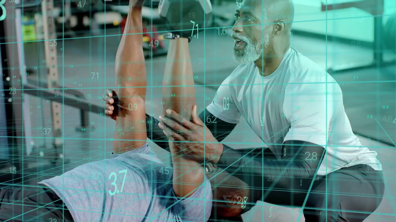 Gym client pressing dumbbells on coach cue coach spotting fixing form safely teal HUD updating reps