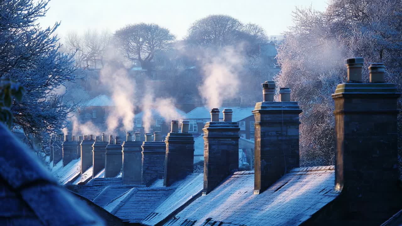 A Serene Winter Morning View of Chimneys Releasing Smoke in a Frosty Landscape with Trees and Rooftops Glimmering in the Soft Light, Showcasing the Tranquility of a Cold Season