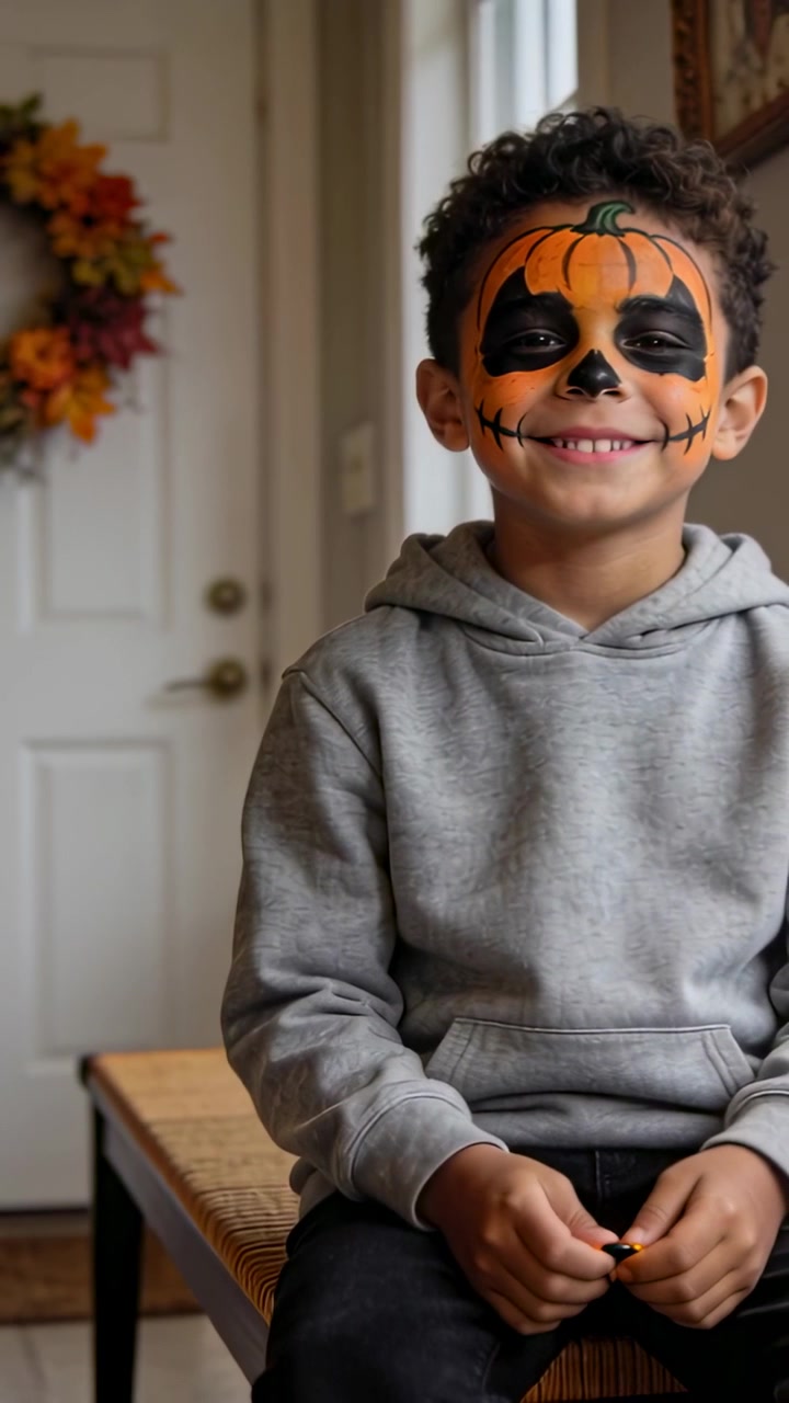 Video vertical: Niño con máscara de calabaza sonriendo a la cámara en un banco de entrada, vistiendo sudadera gris y con un dulce