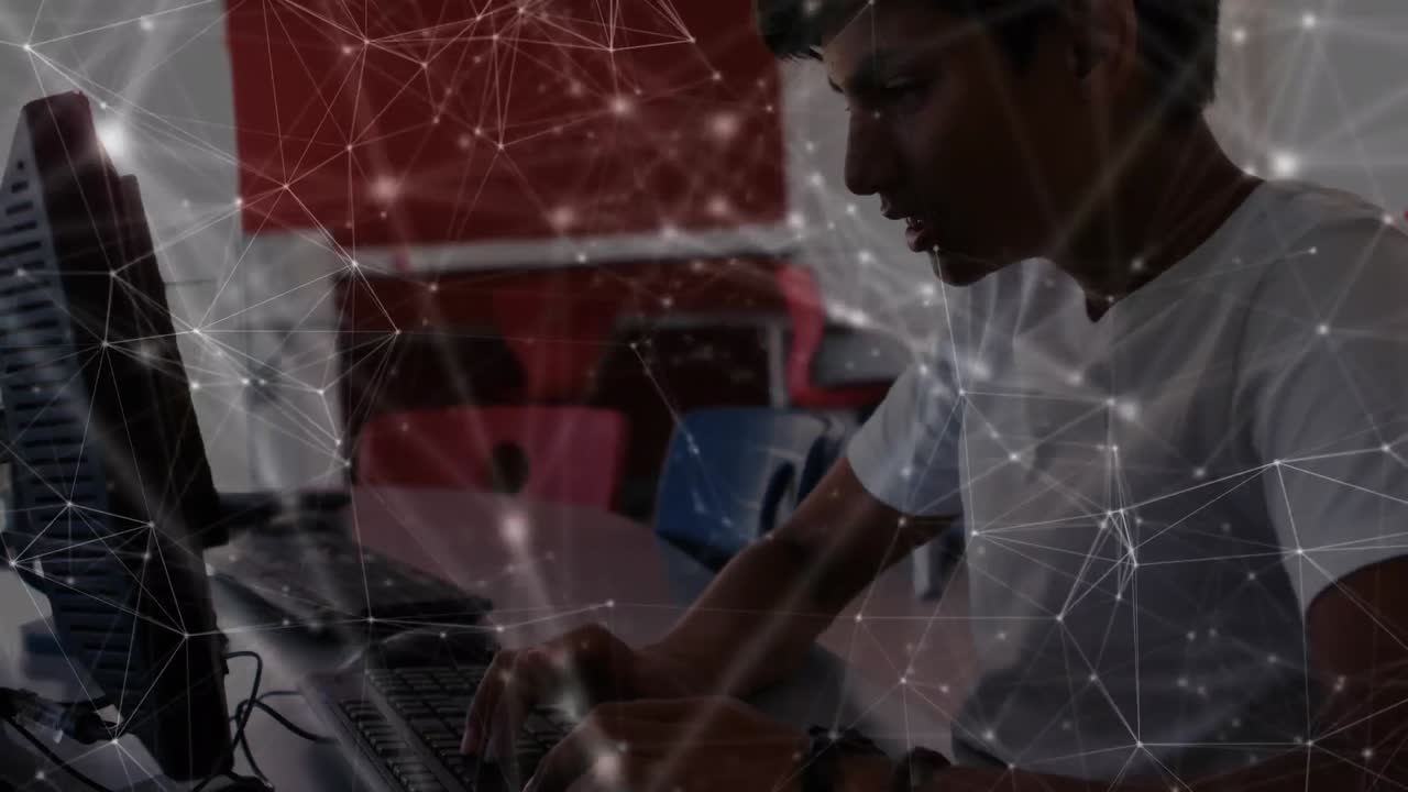 animación de una red de conexiones que se mueve sobre un escolar usando una computadora en clase