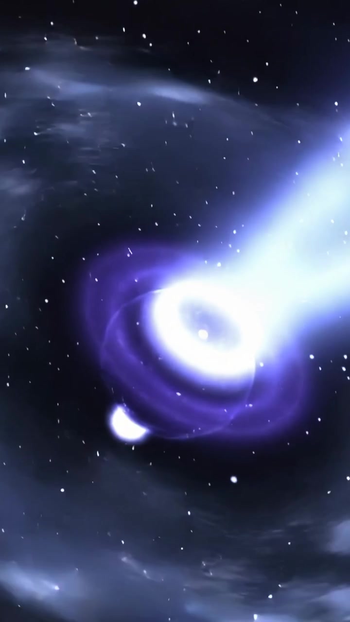 Vertical video: Brightening object with disk firing jet across starfield, drawing companion closer