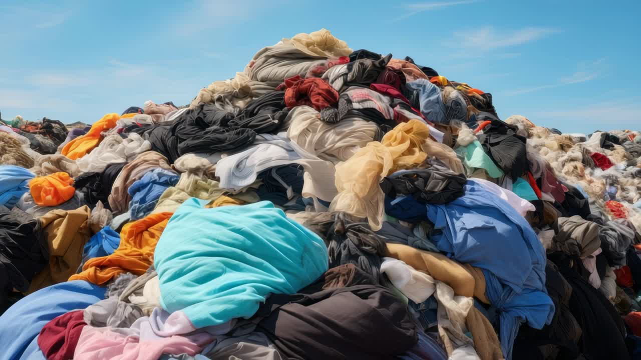 Aerial view of a vibrant pile of discarded clothes under a clear sky, highlighting waste